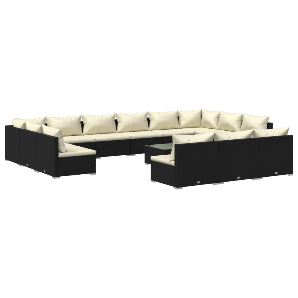 vidaXL 14 Piece Patio Lounge Set with Cushions - Black Poly Rattan Garden Sofa Set with Comfortable Seat and Back Cushions, Modular Outdoor Furniture with Easy-to-Clean Design