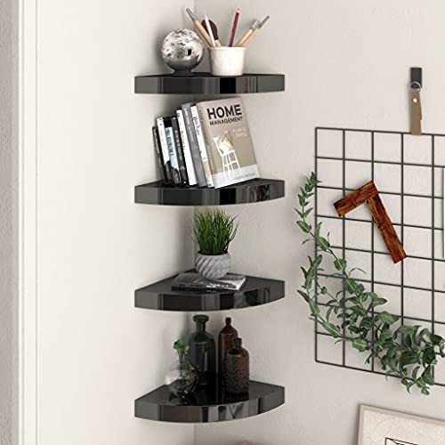 vidaXL Floating Corner Shelves, High Gloss Black - 4pcs Set, 9.8&quot;x9.8&quot;x1.5&quot;, Durable Honeycomb MDF Metal, Invisible Mounting, Space-Saving Display Shelves for Home Decor