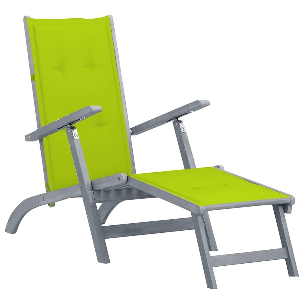 vidaXL Solid Acacia Wood Patio Deck Chair with Footrest and Bright Green Cushion, Indoor/Outdoor, Adjustable 3-Height Settings, Foldable