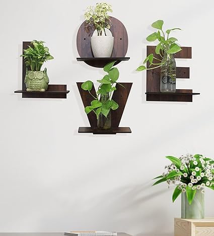 Hna Gifting Set Of 4 Love Alphabet Wooden Wall Shelf Shelves Planter Stand Art Hanging Decor For Wall Mounted Floating Display R