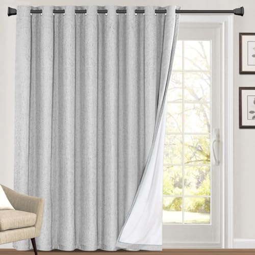 Princedeco 100% Blackout Linen Look Patio Door Curtain 84 Inches Long Extra Wide Thermal Insulated Grommet Curtain Drapes For Living Room/Sliding Glass Door,W100 X L84 Inch, Glacier Gray
