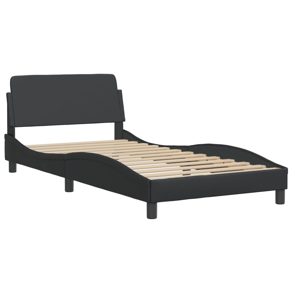 vidaXL Black Faux Leather Single Bed Frame 39.4"x79.9" with Headboard - Plywood Slats & Sturdy Legs for Bedroom Stability and Support