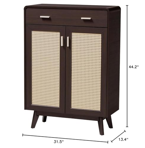 Baxton Studio Giancarlo Mid-Century Modern Espresso Brown Wood 2-Door Shoe Cabinet with Rattan Door