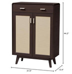 Baxton Studio Giancarlo Mid-Century Modern Espresso Brown Wood 2-Door Shoe Cabinet with Rattan Door