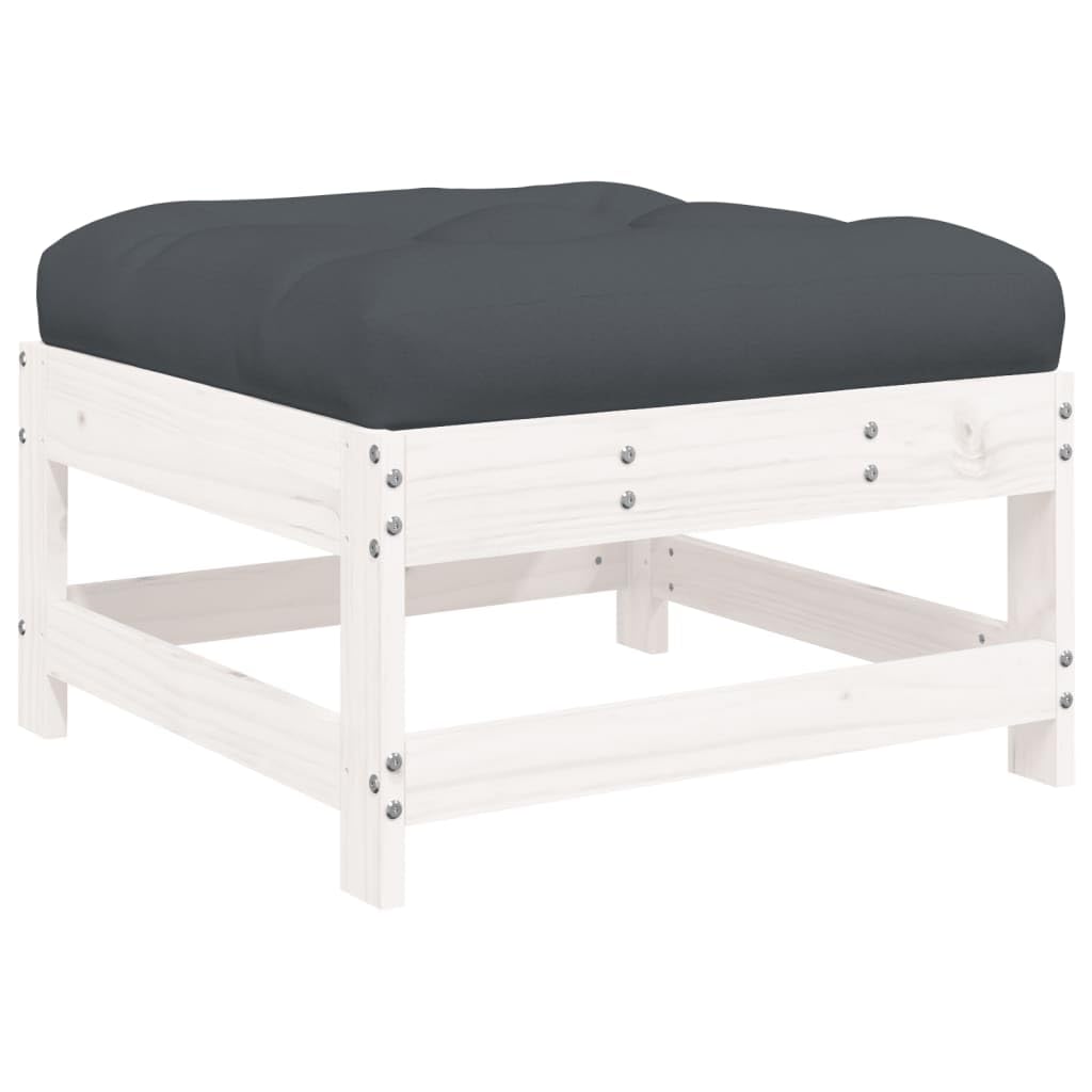 vidaXL Solid Wood Pine Patio Footstool with Cushion - White - Modular Garden Lounge Set Element - Sturdy Outdoor Furniture - Comfortable Seating Solution
