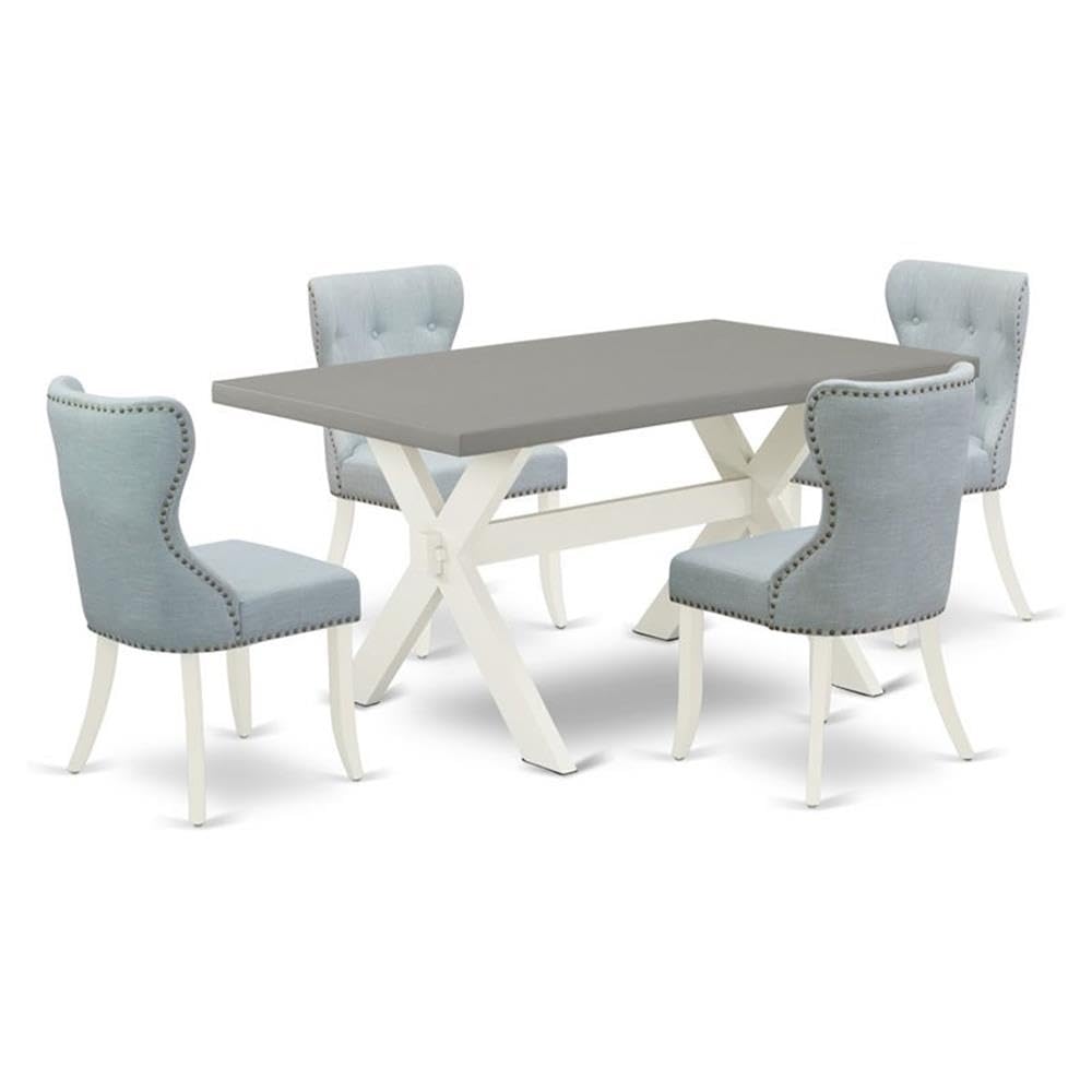 East West Furniture X096Si215-5 5 Piece Dining Room Furniture Set Includes A Rectangle Dining Table With X-Legs And 4 Baby Blue Linen Fabric Upholstered Chairs, 36X60 Inch, Multi-Color