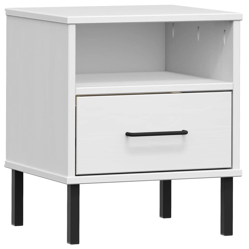 vidaXL Bedside Cabinet with Metal Legs - White Solid Pine Wood Nightstand with Drawer, Practical and Decorative Piece for Bedroom - 'Oslo' Range