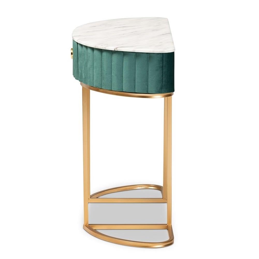 Baxton Studio Beale Luxe and Glam Green Velvet Upholstered and Brushed Gold Finished 1-Drawer Console Table with Faux Marble Tabletop Green/Velvet