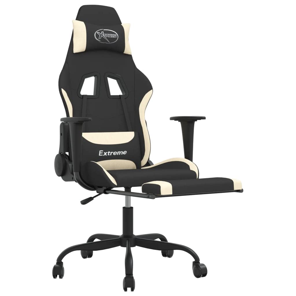 vidaXL Adjustable Gaming Chair with Footrest in Black and Cream Fabric - Comfortable Polyester Foam Filled Chair for Gaming and Office Use