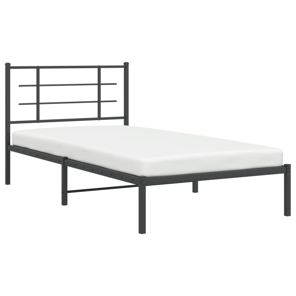 vidaXL Black Metal Bed Frame-Single 39.4&quot;x78.7&quot; with Headboard and Storage Space - Durable Steel Construction - Elegant Bedroom Furniture