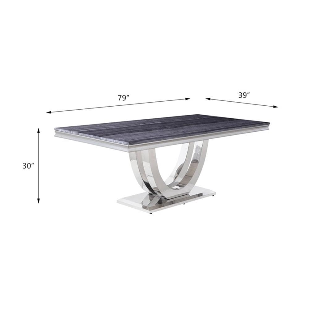 Acme Cambrie Dining Table in Faux Marble and Mirrored Silver Finish