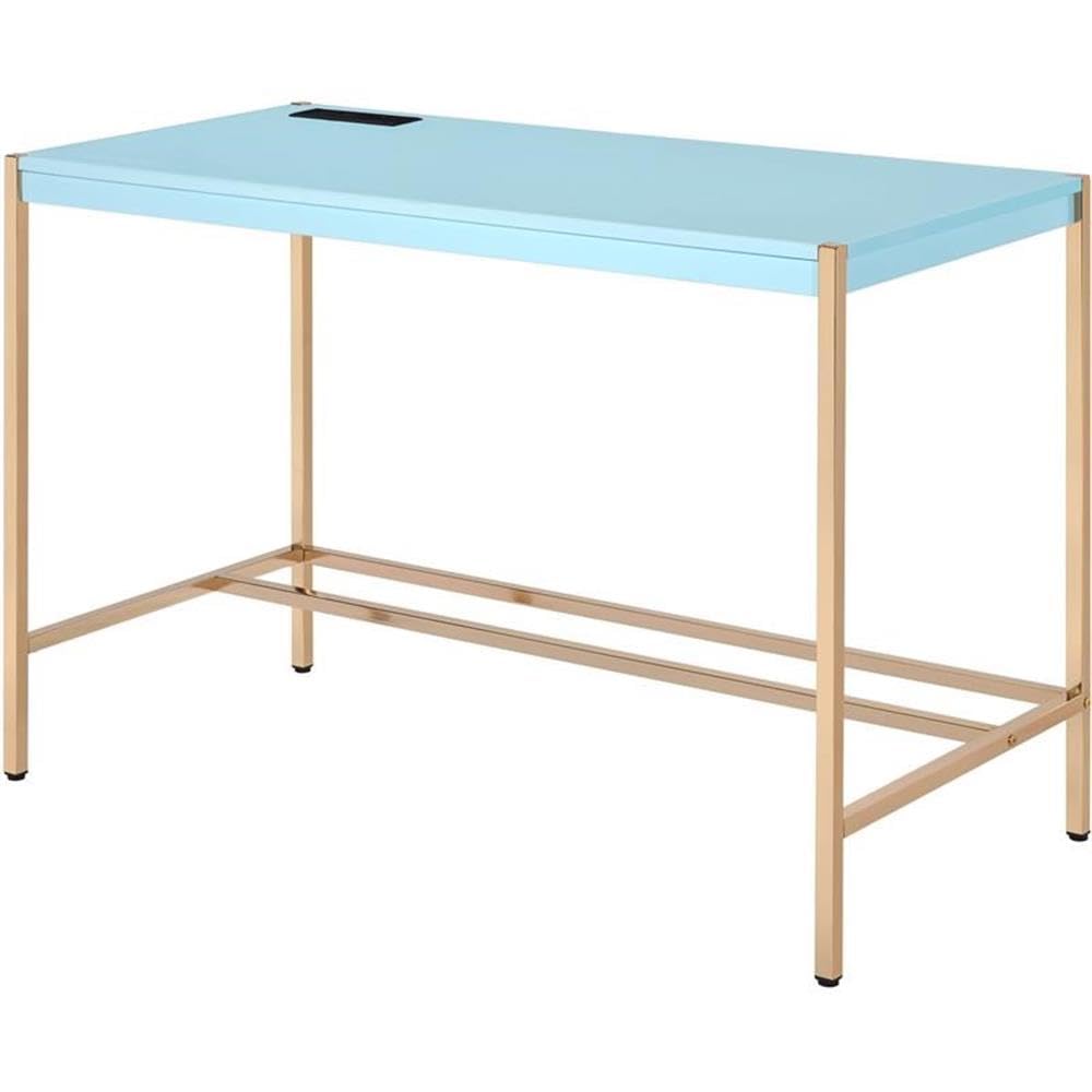 Acme Midriaks Wooden Top Writing Desk with USB Port in Baby Blue and Gold