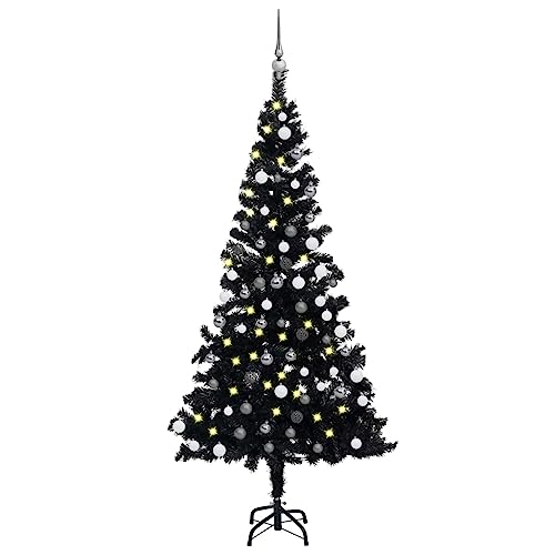 Vidaxl Black Artificial Christmas Tree With Led Lights And Stand, Inclusive Of Decorative Ball Set, Made With Pvc And Steel, Energy-Efficient, Reusable, 59.1 Inch In Height.