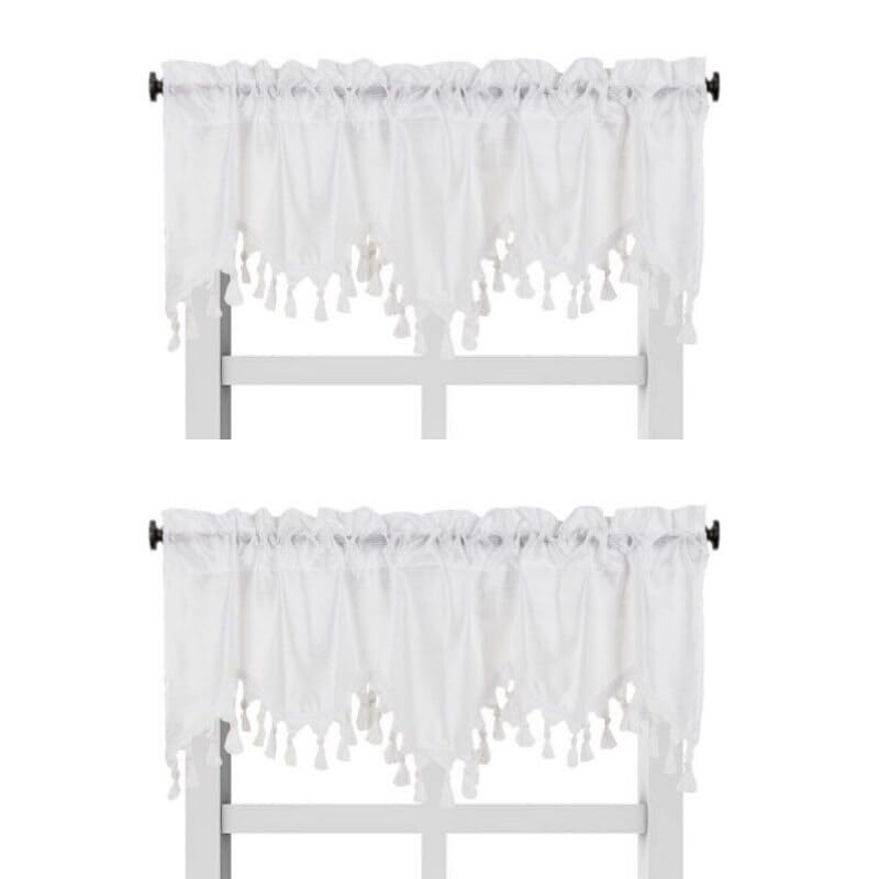 Solid Faux Silk Swag Waterfall Cascade Ascot Window Curtain Valance W/Tassels Trim 55' X18' Wave (2, White)