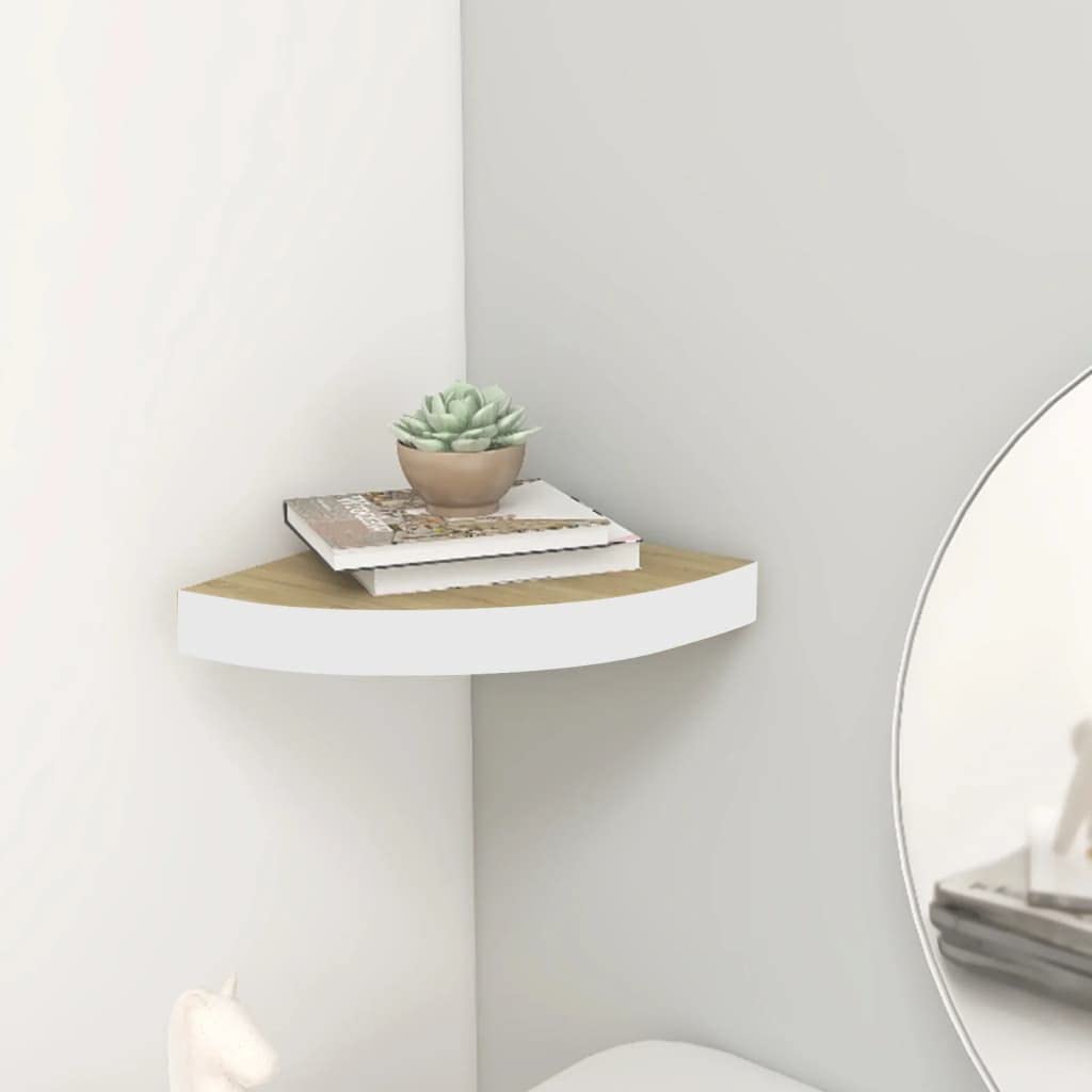 vidaXL Wall Corner Shelf - Oak and White, 13.7"x13.7"x1.4", Invisible Mounting System, Durable Honeycomb MDF and Metal Construction, Suitable for Any Decor