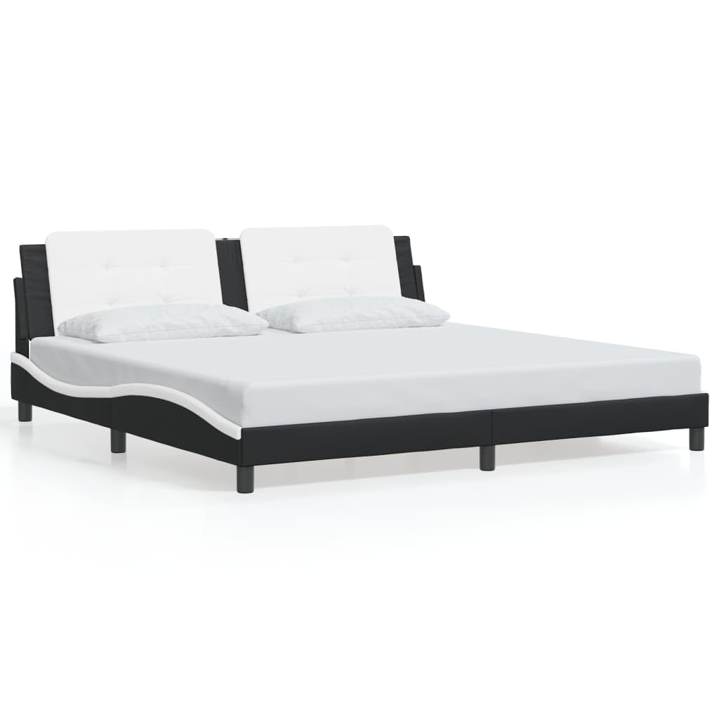 vidaXL King Size Bed Frame with Headboard - Black & White Faux Leather, Modern Waved Design, Plywood Slats, Foam Cushioned