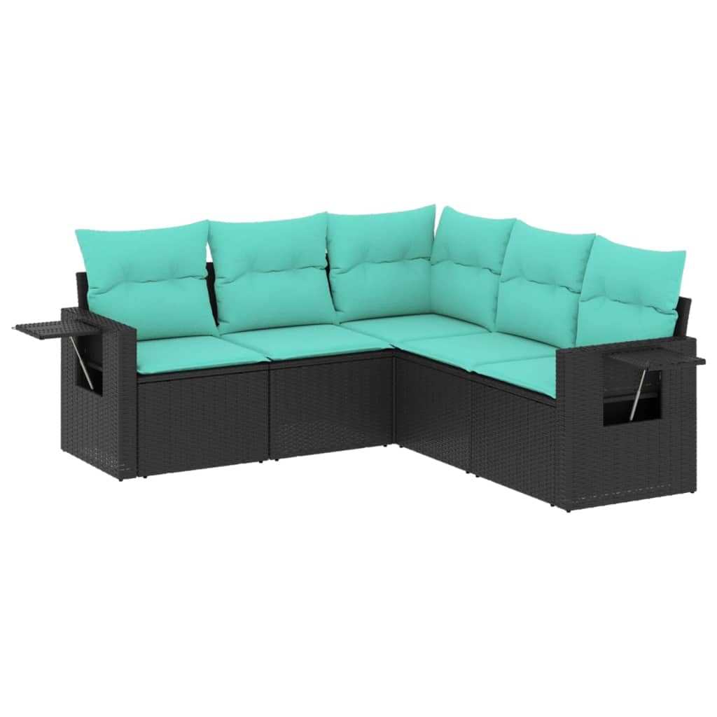 vidaXL - Black Poly Rattan Patio Sofa Set with Cushions - Outdoor Garden Furniture - Modular Design - 5 Piece - UV Resistant - Comfortable Seating - Blue Cushions - 24.4&quot;-33.5&quot; x 24.4&quot; x 27.2&quot;