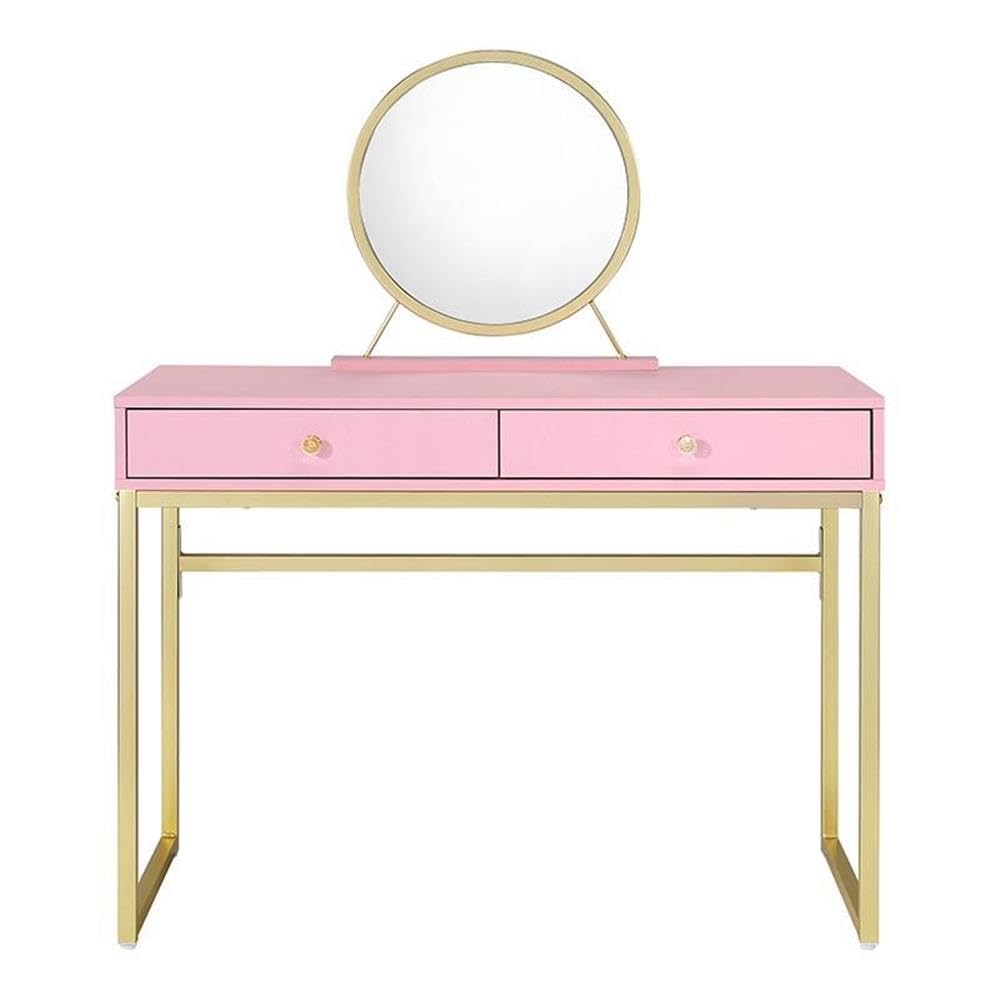 Acme Coleen 2 Wooden Drawers Vanity Desk with Jewelry Tray in Pink and Gold