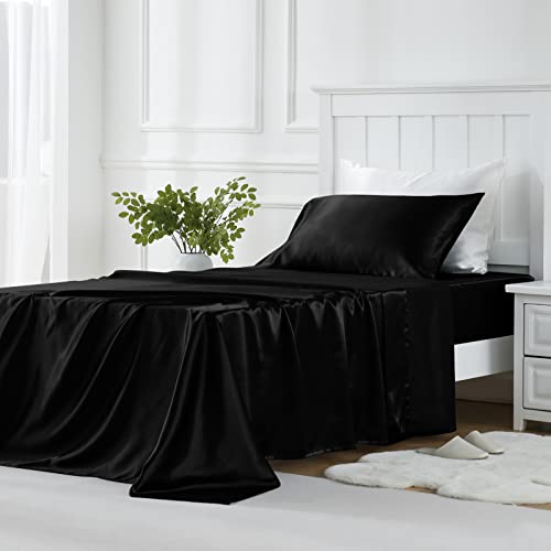 Golal Satin Sheets Twin Xl Size - 3 Pieces Luxury Silky Soft Bed Sheets, Wrinkle-Free Black Satin Silk Sheet Set With 1 Deep Poc