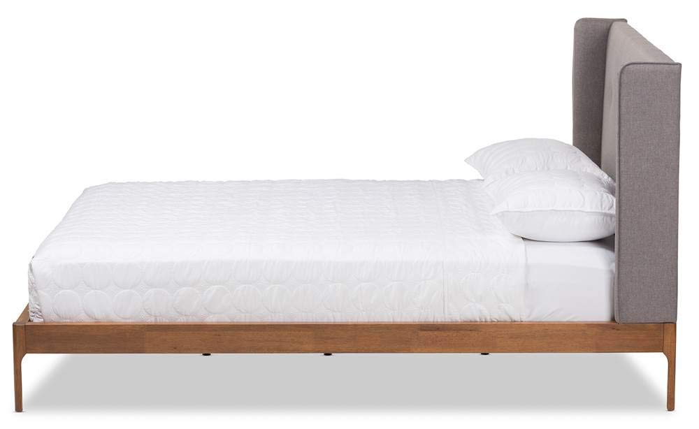 Baxton Studio Brooklyn Mid-Century Modern Walnut Wood Grey Fabric Queen Size Platform Bed Grey//Mid-Century/Fabric Polyester 100%&quot;/MDF/LVL/Rubber Wood/Foam