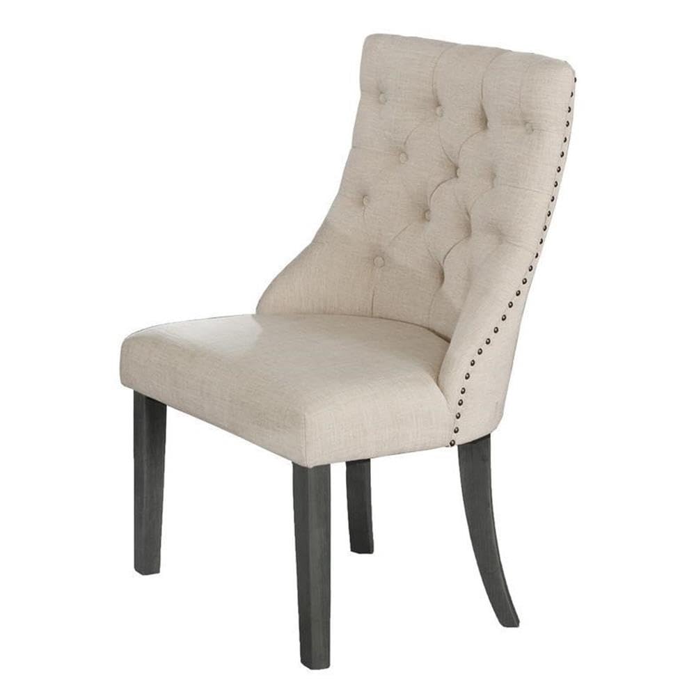 Best Quality Beige Linen Fabric Dining Chair (Single) with Tufted Seats and Gray Wood Legs