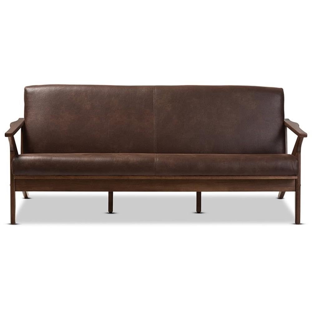 Baxton Studio Bianca Mid-Century Modern Walnut Wood Dark Brown Distressed Faux Leather 3-Seater Sofa/Mid-Century/Dark Brown/Walnut Brown/Faux Leather/Rubber Wood