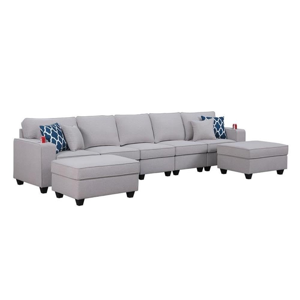 Lilola Home Cooper Light Gray Linen 5-Seater Sofa with 2 Ottomans and Cupholder