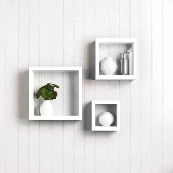 ZenZest Floating Wall Square Cube Shelves for Bedroom, Living Room, Bathroom, Kitchen  Wood, Set of 3 (White)