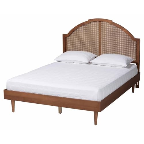 Baxton Studio Mendel Mid-Century Walnut Brown Wood And Rattan Queen Size Platform Bed