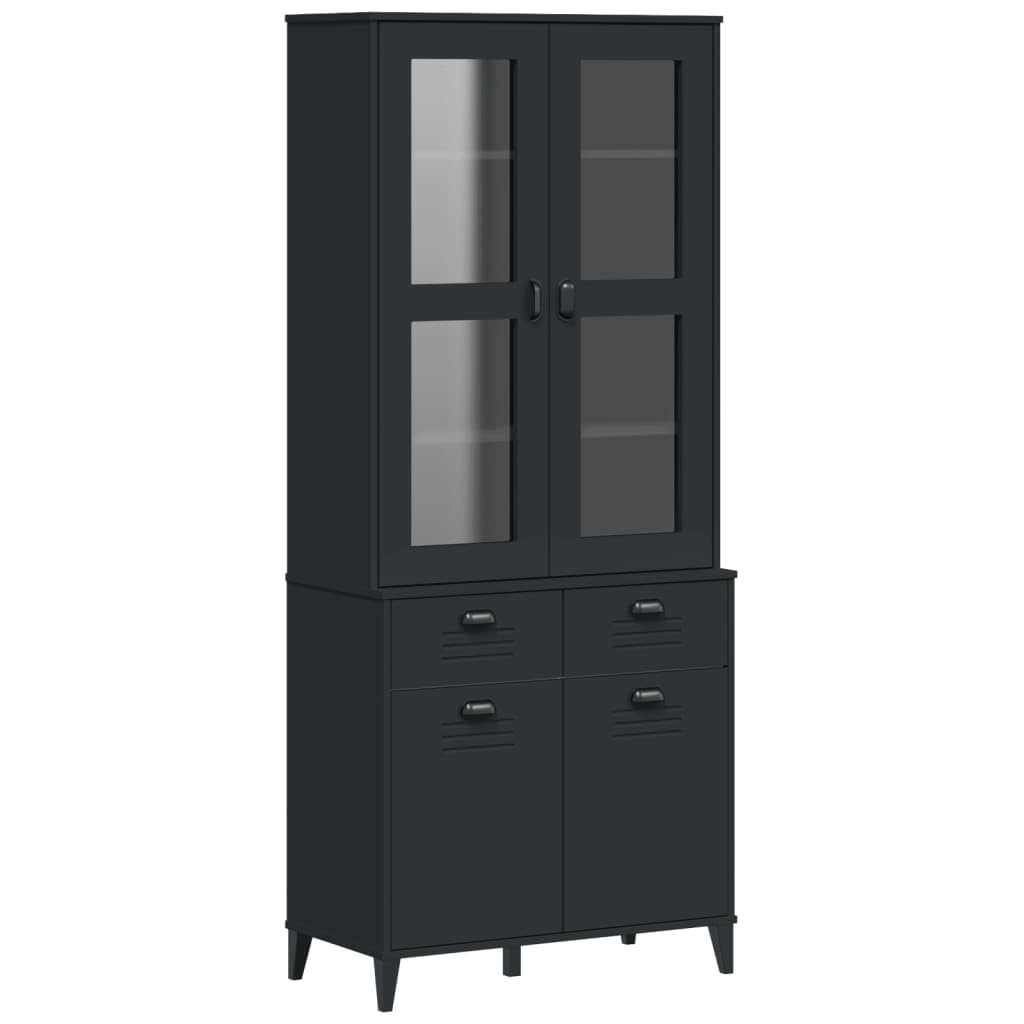 vidaXL Black Solid Pine Wood Highboard - Storage Console Cabinet with Glass Display & Ample Organization Space for Living Room