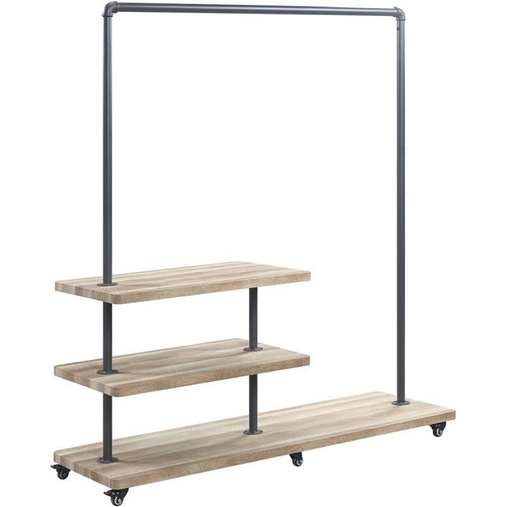 Acme Brantley Metal Hanger Rack with 3 Wooden Tier Shelf in Oak and Sandy Gray