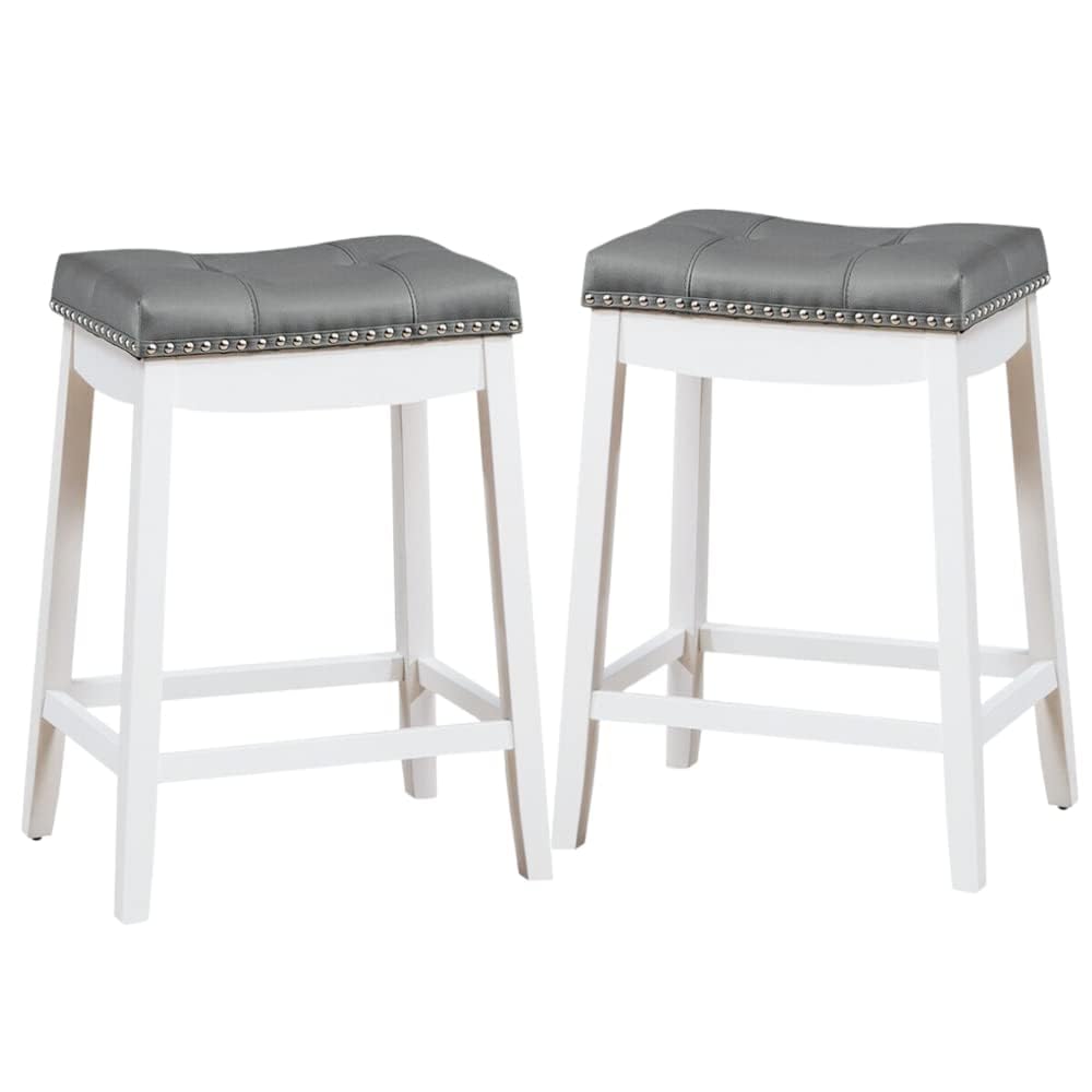 Ergomaster Set Of 4 Cambridge Bar Stools, 24 Inch Counter Stools, Solid Wood Legs Espresso With Gray Pu Cushion For Kitchen Living Room And Bar (Set Of 4,24Inches White Leg
