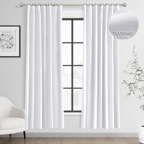 Joywell Linen 100% Blackout Curtains 72 Inches Length Long, Rod Pocket/Back Tab/Hook Belt/Clip Rings, Energy Efficient Drapes Curtains For Privacy Bedroom Living Room (2 Panels,52 X 72, White)