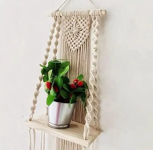 Acn Kohinoor | Macrame Wall Hanging Shelf | Indoor Boho Wall Decor For Bedroom, Wood Hanging, Handmade Woven Cotton Rope Bohemia