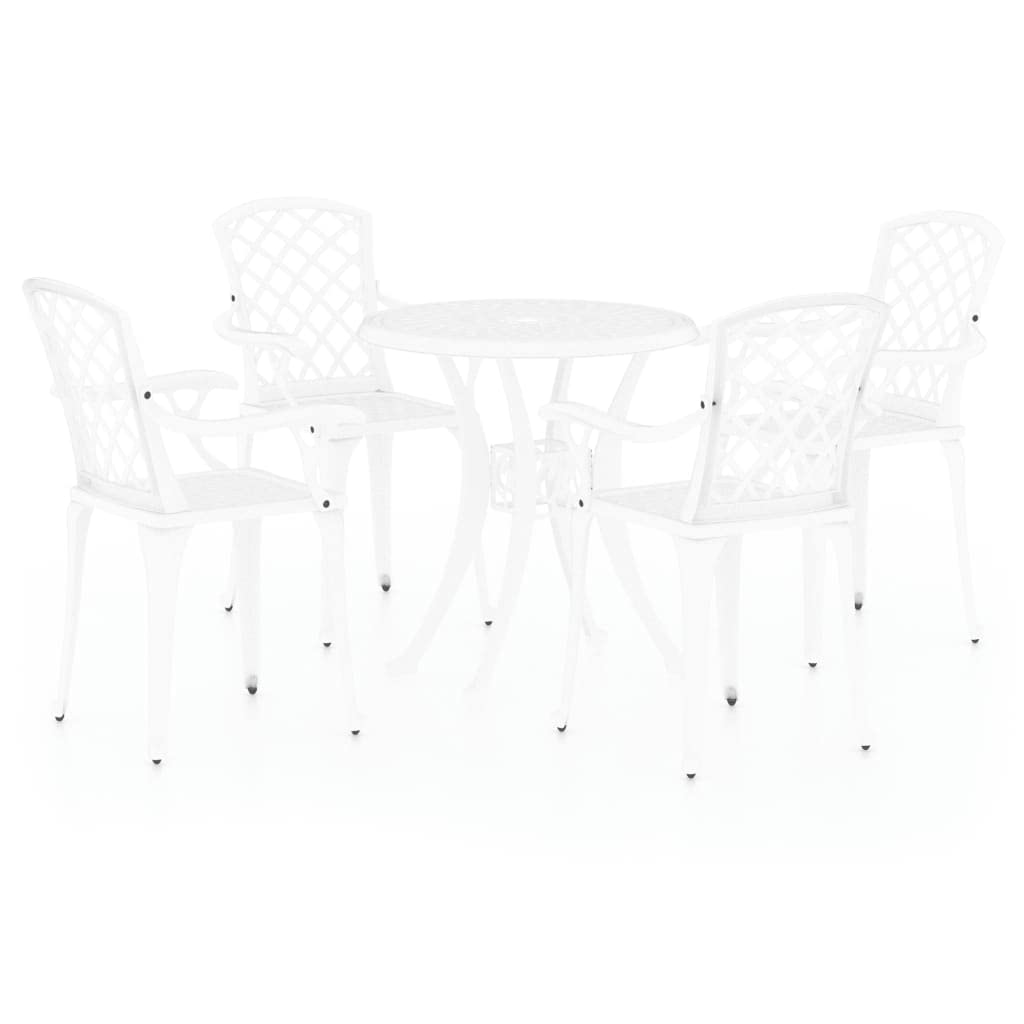 vidaXL 5 Piece Bistro Set - White Cast Aluminum Patio Garden Furniture Set with Round Table and 4 Chairs, Elegant Design, Weather and Rust-Resistant, Umbrella Hole Feature