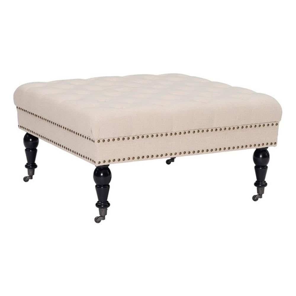 Linon Isabelle Square Upholstered Ottoman Black Legs in Natural Beige Fabric