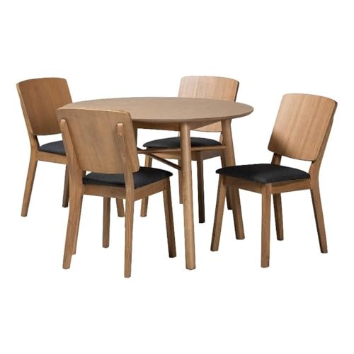 Baxton Studio Denmark Mid-Century Modern Dark Grey Fabric and French Oak Brown Finished Rubberwood 5-Piece Dining Set