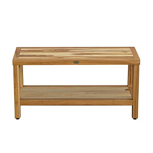 HomeRoots Large Rectangular Teak Bench with Shelf in Natural Finish