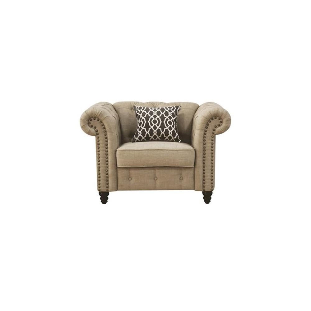 Acme Aurelia Nail-Head Trim Tufted Chair with 1 Pillow in Beige Linen