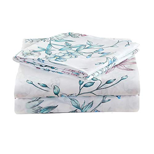 Jsd Floral Print Sheet Set King, 4 Piece Soft Botanical Pattern Microfiber Bedding Sheets 15' Extra Deep Pocket