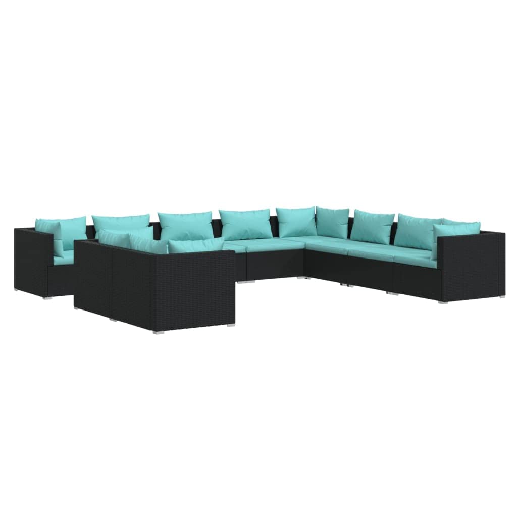 vidaXL Patio Lounge Set, 10-Piece with Cushions - Black Poly Rattan and Powder-Coated Steel Frame, Modular Design, Water-Resistant - Perfect Outdoor Furniture for Garden or Poolside