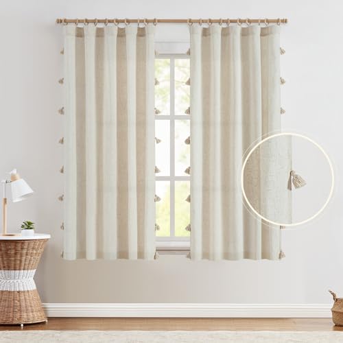 Jinchan Linen Curtains With Tassels Curtains For Living Room 63 Inch Length Boho Curtains Rod Pocket Back Tab Pom Poms Linen Farmhouse Bedroom Curtains Semi Sheer 2 Panels Ecru Window Curtain Set
