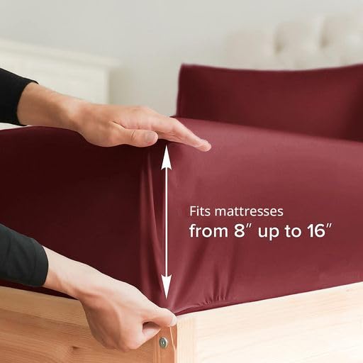 Queen Fitted Bed Sheet - Hotel Luxury & Cooling Single Fitted Sheet Only - Easily Fits Mattress Up To 16 Inches Perfectly - Soft, Wrinkle Free, Breathable & Comfy Burgundy Single Fitted Bed Sheet
