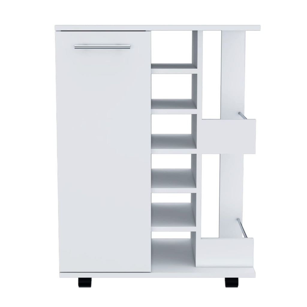 DEPOT E-SHOP Magda Bar Cart, 4 Casters, Single Door Cabinet, 2 External Shelves, White
