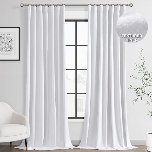 Joywell 100% Blackout Linen Curtains 108 Inches Long,Rod Pocket/Back Tab/Hook Belt/Clip Rings,Thermal Insulated Darkening Floor Length Drapes For Bedroom Living Room (2 Panels,52 X 108, White)