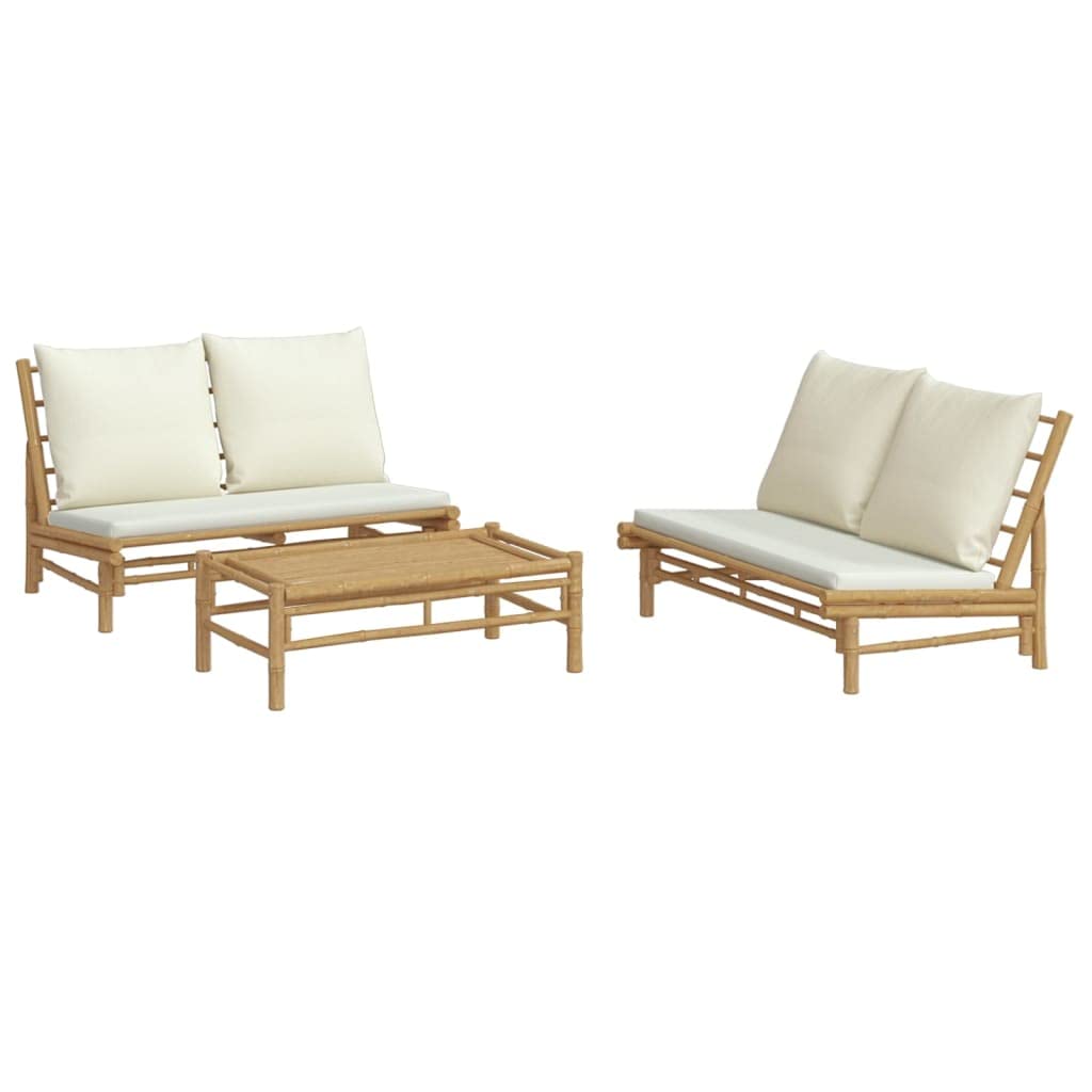 vidaXL 5 Piece Outdoor Patio Lounge Set - Natural Bamboo Finish - Cream White Cushions - Sofa, Chairs, and Coffee Table - Flexib