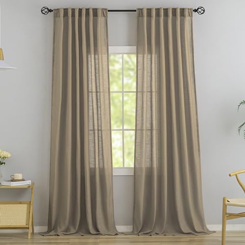 Primitive Linen Curtains 102 Inches Long 1 Pair For Living Room,8.5 Ft Back Tab Hooks Belt Pinch Pleated Curtains,Light Filtering Linen Drapes Ceiling To Floor For Large Window,Taupe/Light Coffee