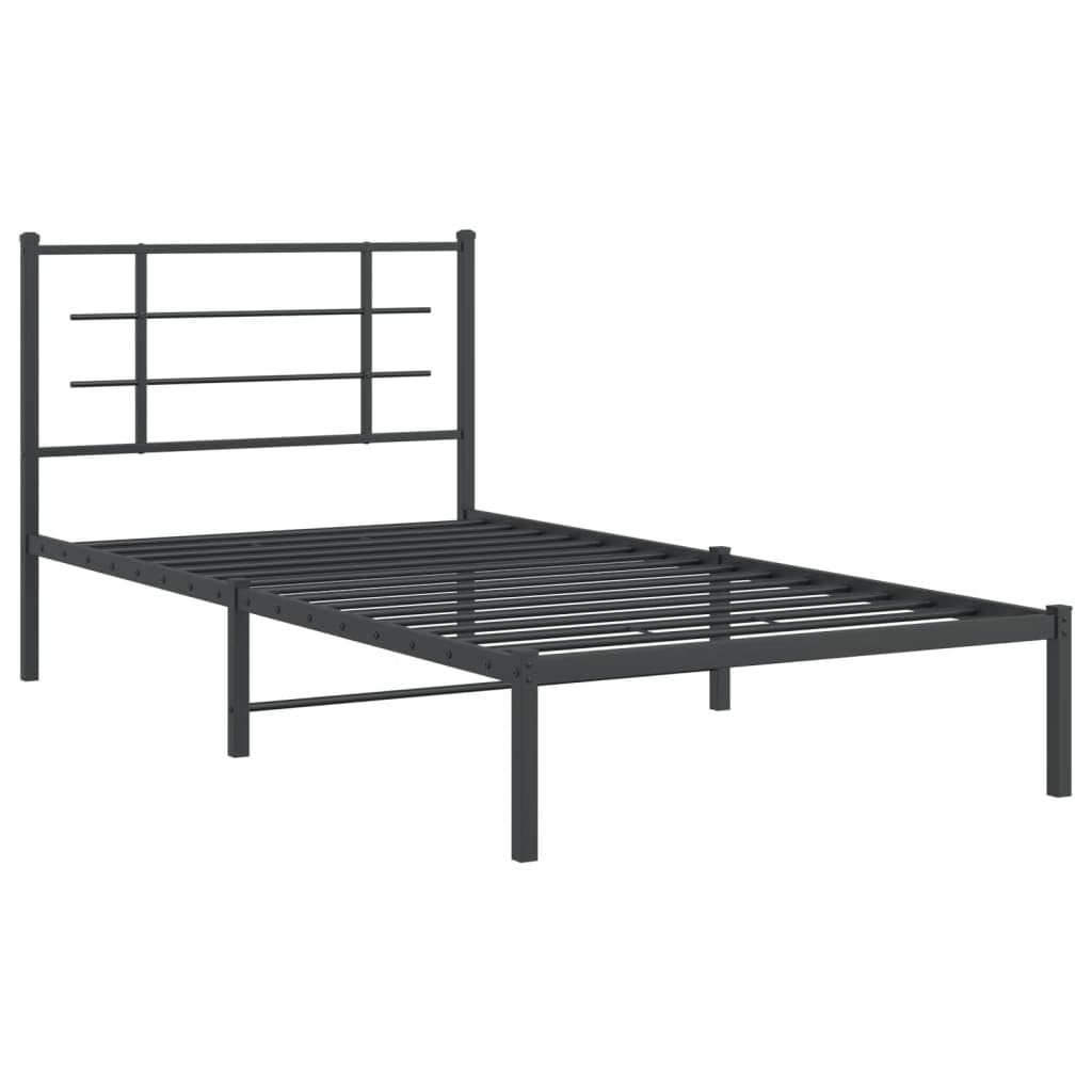 vidaXL Black Metal Bed Frame-Single 39.4&quot;x78.7&quot; with Headboard and Storage Space - Durable Steel Construction - Elegant Bedroom Furniture