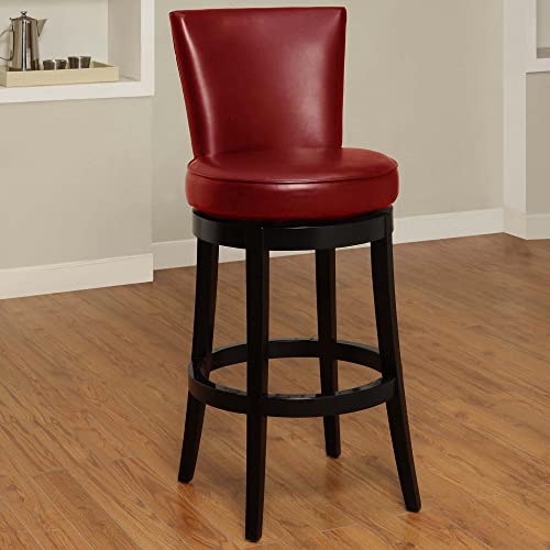 HomeRoots Black Hardwood, Bonded Leather 26' Red Faux Leather Round Seat Black Wood Swivel Armless Bar Stool