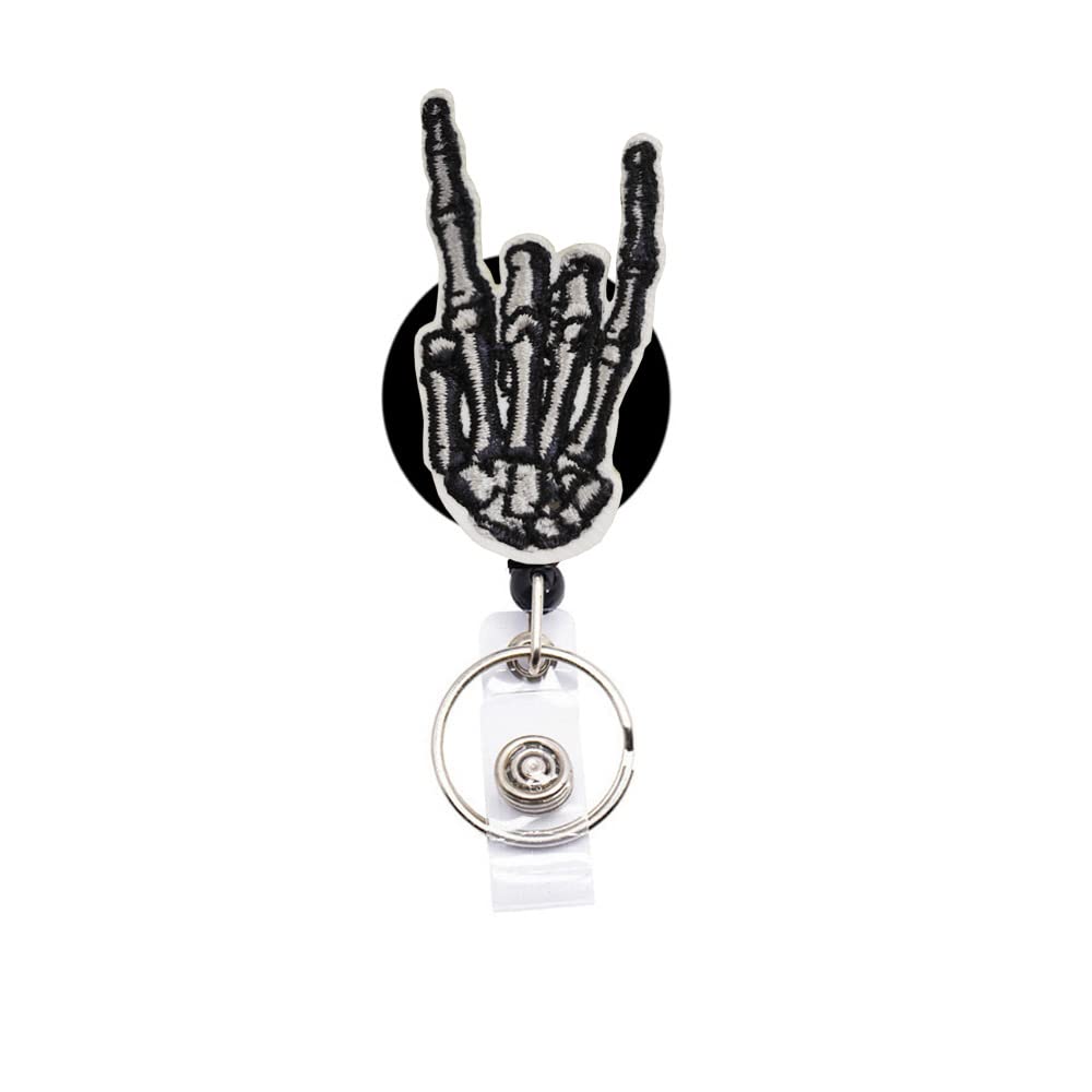 Reeleer Halloween Skeleton Hand Horns Up Sign Badge Reels Retractable, With Alligator Clip And Key Ring, 24 Inches Thick Pull Co